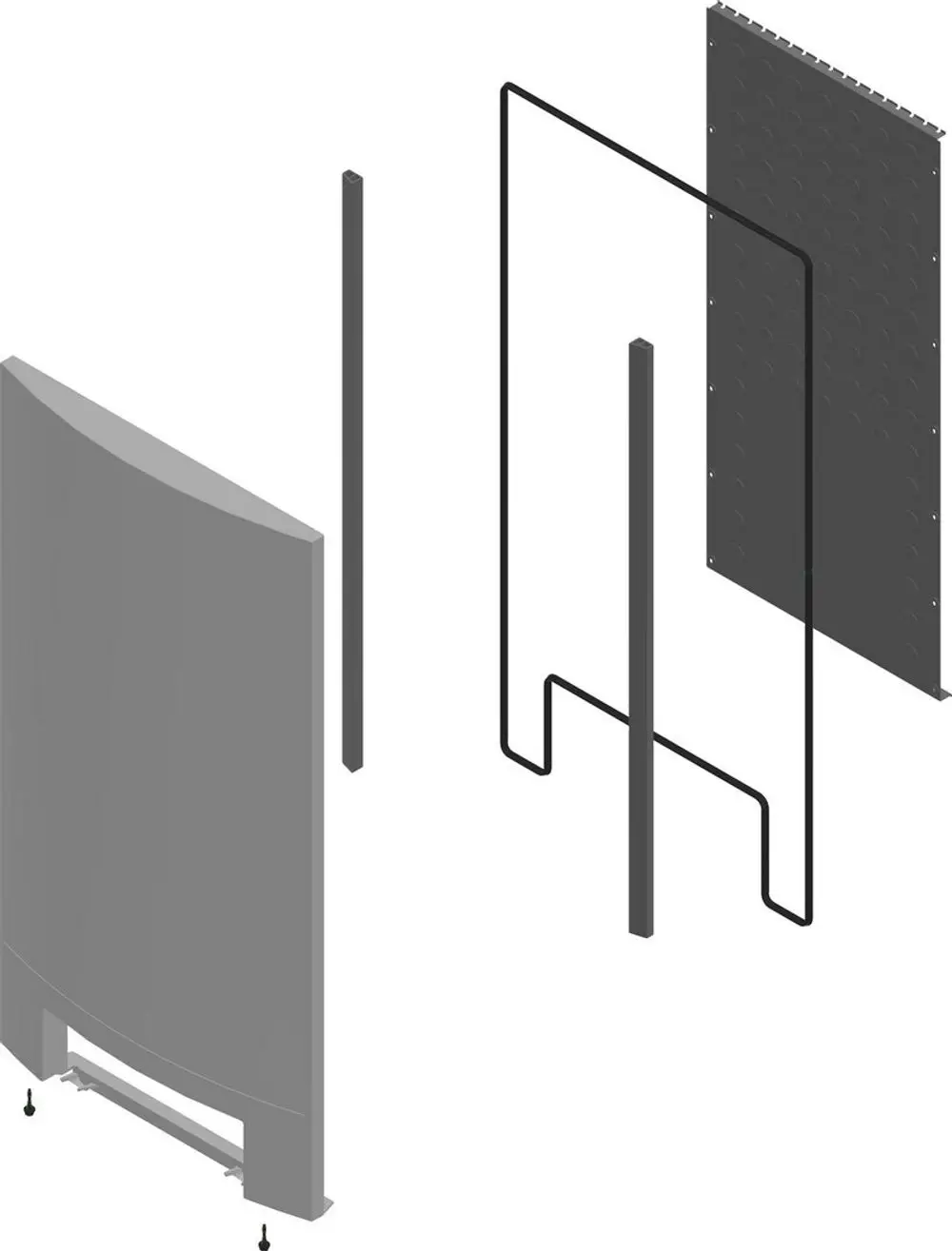 BOSCH Türteil in Einzelkomponenten, darunter eine gebogene Oberfläche, vertikale Stützen und ein Hintergrundelement mit strukturiertem Design.